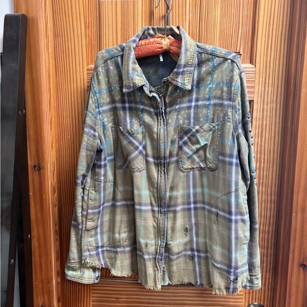 Free People green plaid studded distressed shacket